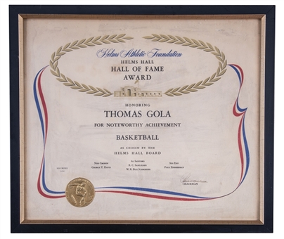 1954 Tom Gola Helms Hall of Fame Award for Noteworthy Achievement in Basketball Framed to 18x15.5" (Gola LOA)